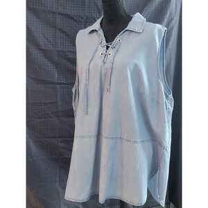 Jones New York Signature Womens 3X Blue Denim Chambray Lace Up Sleeveless Tunic